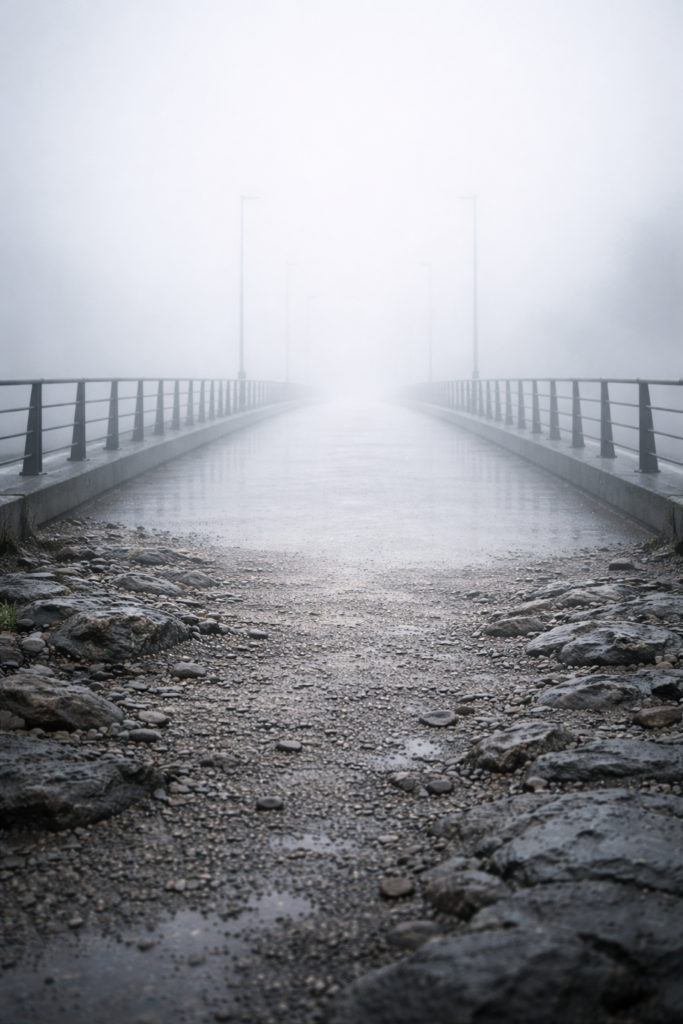 Pont disparaissant dans le brouillard, premier plan irrégulier et surface plus stable au loin, ambiance gris clair diffuse