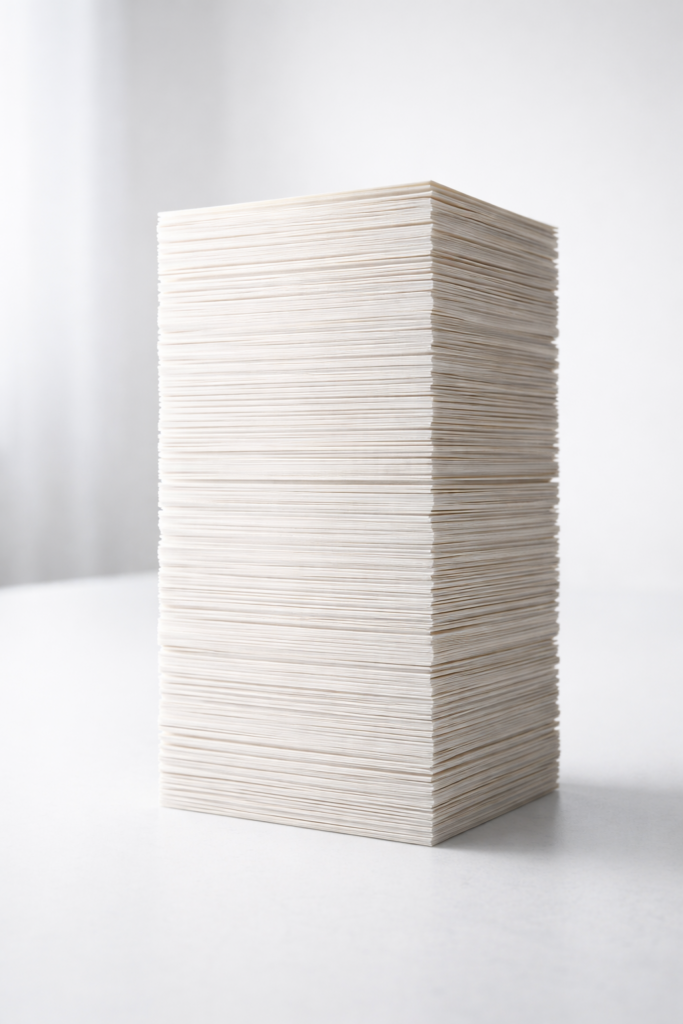 Pile haute de feuilles de papier parfaitement alignées, les couches supérieures semblant légèrement plus épaisses, lumière douce neutre