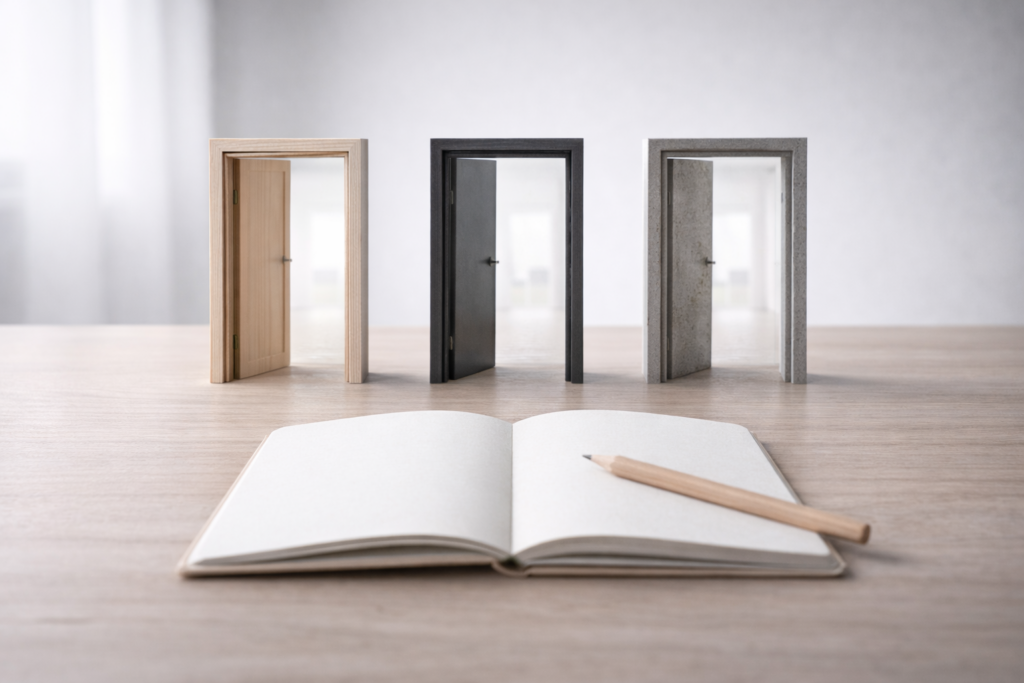 Trois portes miniatures ouvertes de styles différents donnant sur la même pièce lumineuse, avec un carnet ouvert et un crayon au premier plan