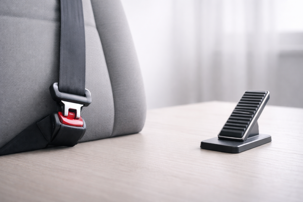 Ceinture de sécurité attachée sur un siège gris à côté d’une pédale métallique isolée posée sur une surface claire