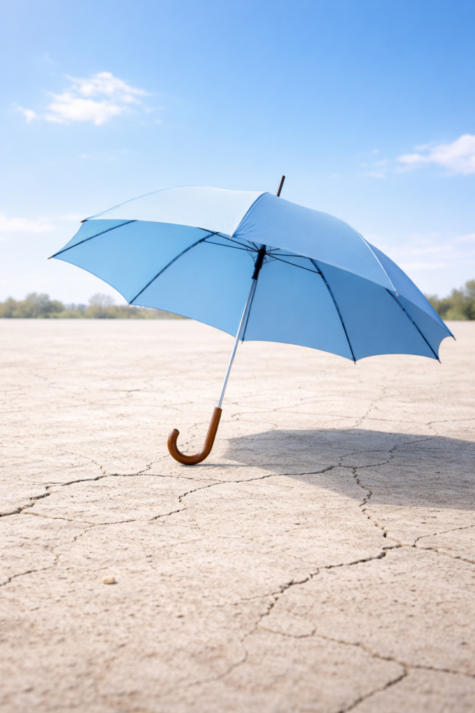 Parapluie bleu ouvert sous un ciel clair posé sur un sol sec et fissuré aux teintes chaudes