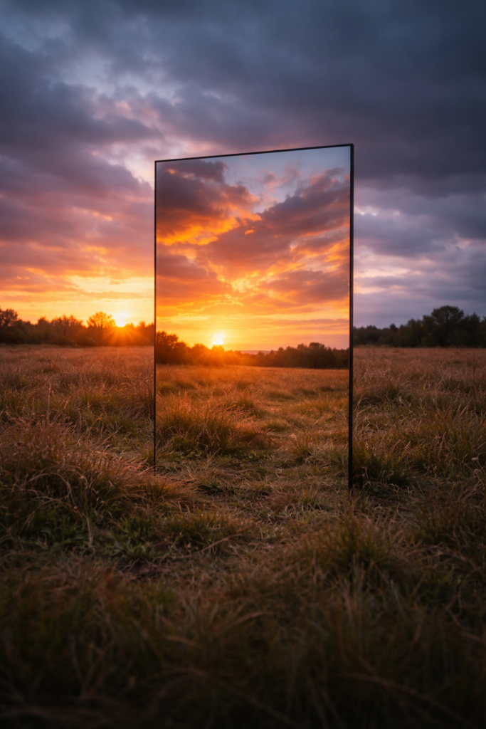 Illustration du biais de la performance passée en investissement : un miroir reflète un ciel différent de la réalité du marché