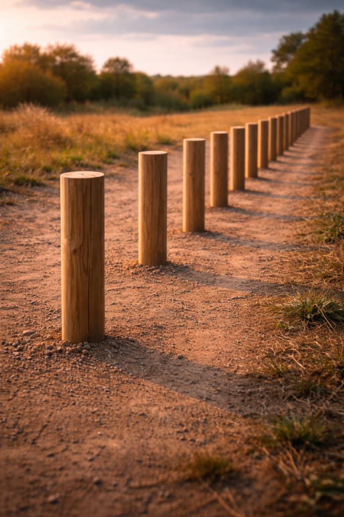 Rangée de poteaux en bois parfaitement espacés sur un chemin en terre sous une lumière dorée de fin de journée