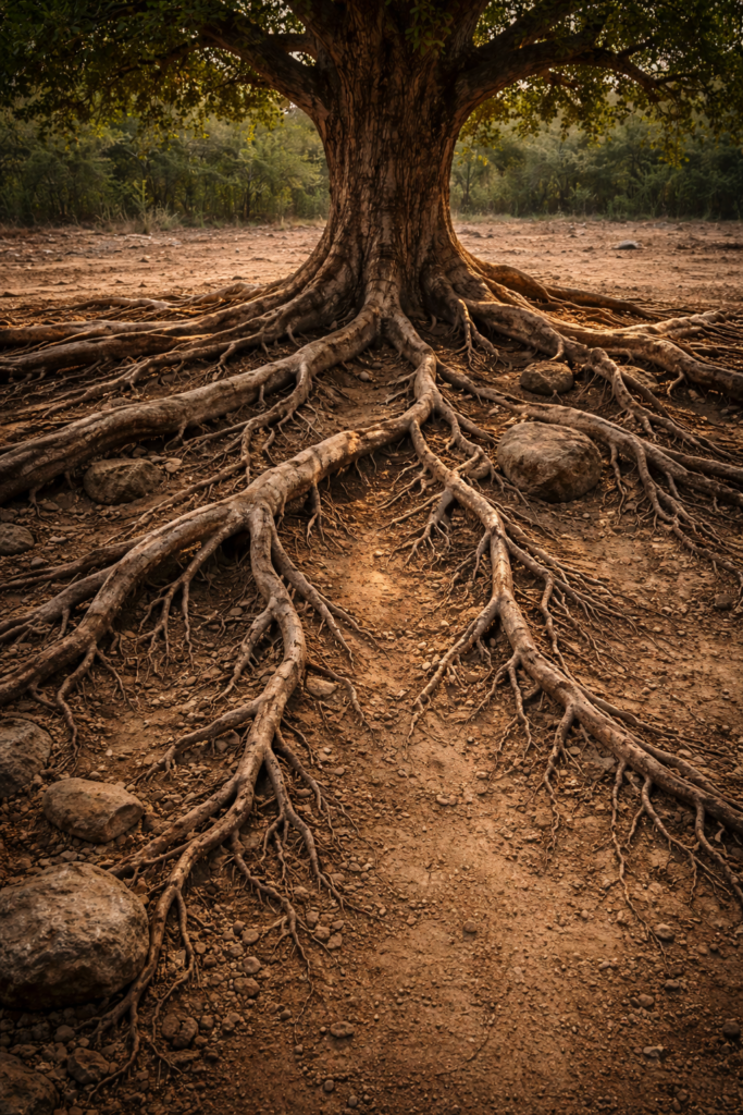 Illustration des canaux de transmission monétaire : un tronc central se prolonge en racines multiples symbolisant des mécanismes de diffusion interconnectés