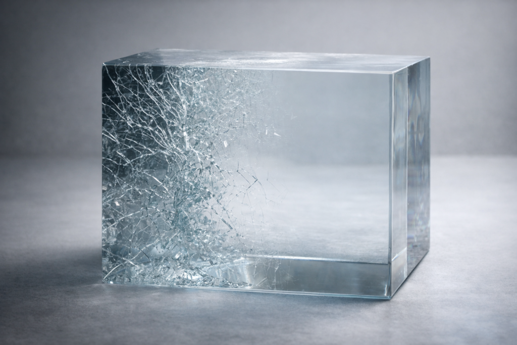 Illustration du canal bancaire de transmission monétaire : une structure en verre fissurée partiellement montrant qu’un choc financier se diffuse selon la solidité interne du système