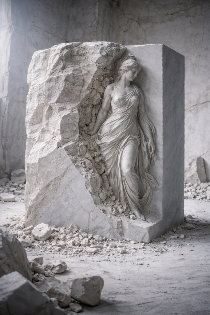 Illustration de l’irréversibilité de l’investissement : transformation partielle d’un bloc de matière montrant qu’un engagement productif ne s’annule pas instantanément