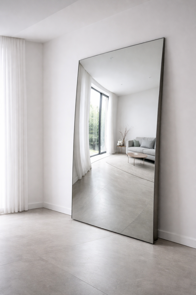 Grande pièce blanche minimaliste avec un miroir légèrement déformant reflétant les lignes droites de manière incurvée.