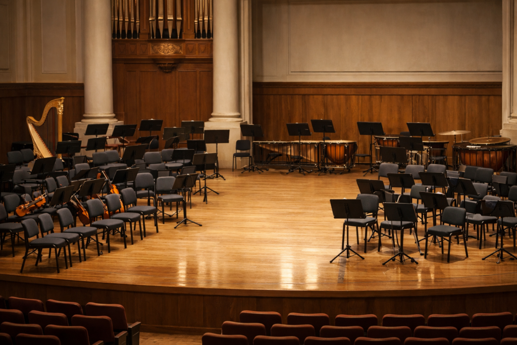 Scène d’orchestre dans une salle de concert, avec une section entière manquante au centre de la disposition des pupitres.