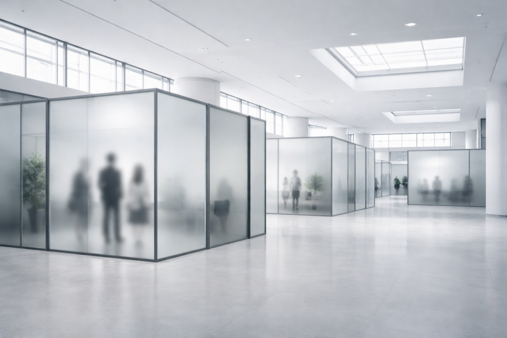 Grand hall contemporain divisé par des parois de verre semi-opaques créant des sections distinctes dans un même espace lumineux.