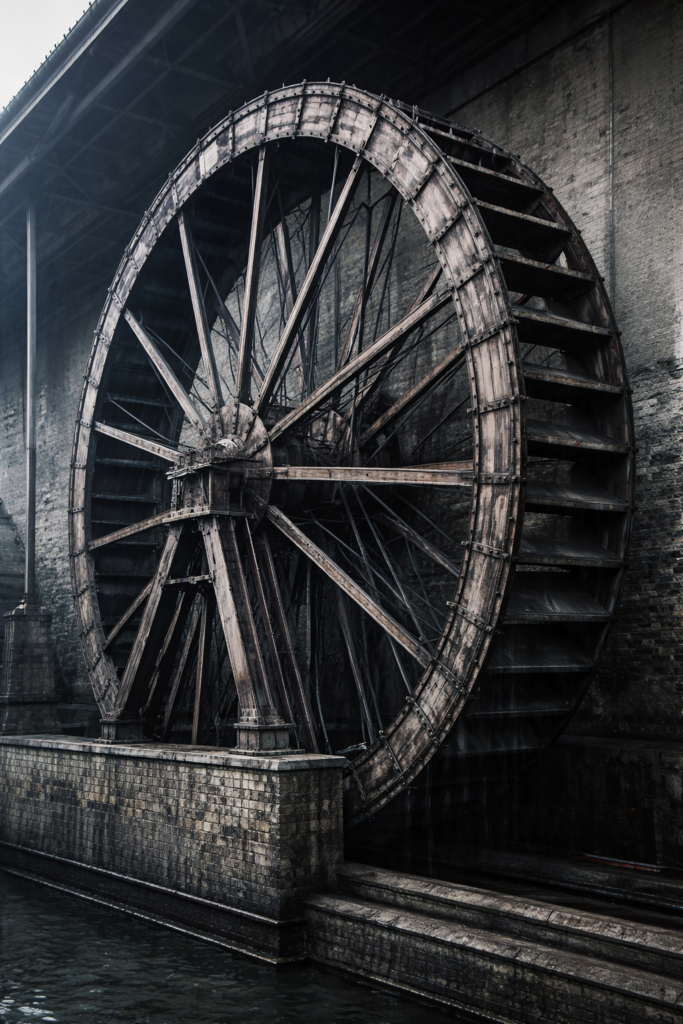 Grande roue métallique massive encore en rotation lente dans un espace industriel sombre, sans moteur visible.
