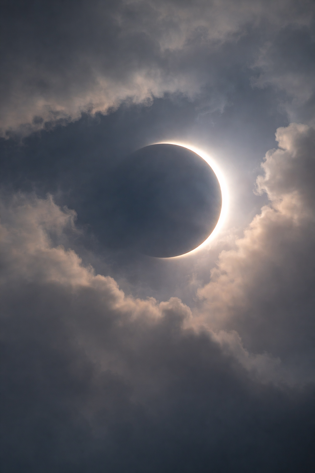 Éclipse solaire partielle déjà bien avancée dans un ciel clair aux tons gris bleutés.