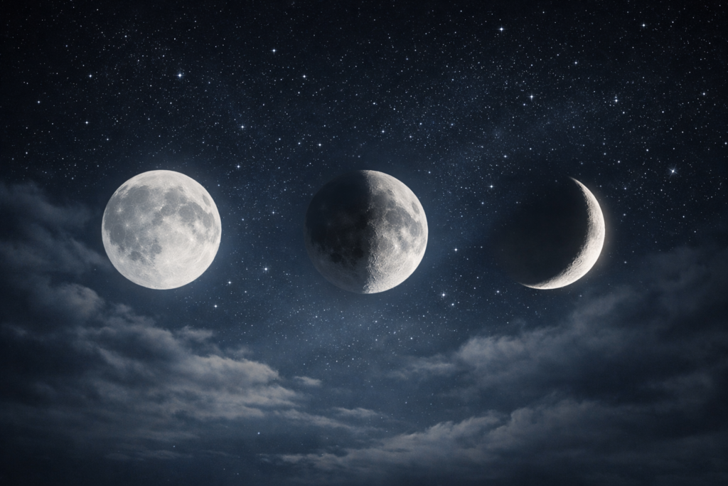 Ciel nocturne profond montrant trois lunes à des phases différentes alignées horizontalement.