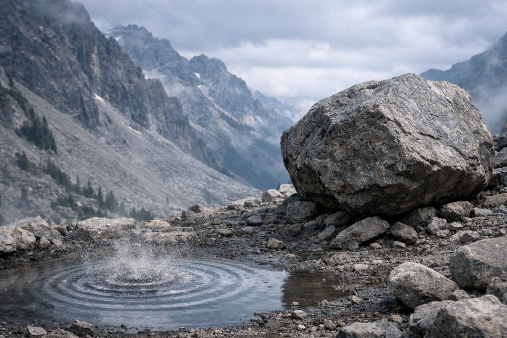 Vallée montagneuse avec une flaque d’eau présentant des ondes circulaires tandis qu’un rocher massif reste immobile à proximité.