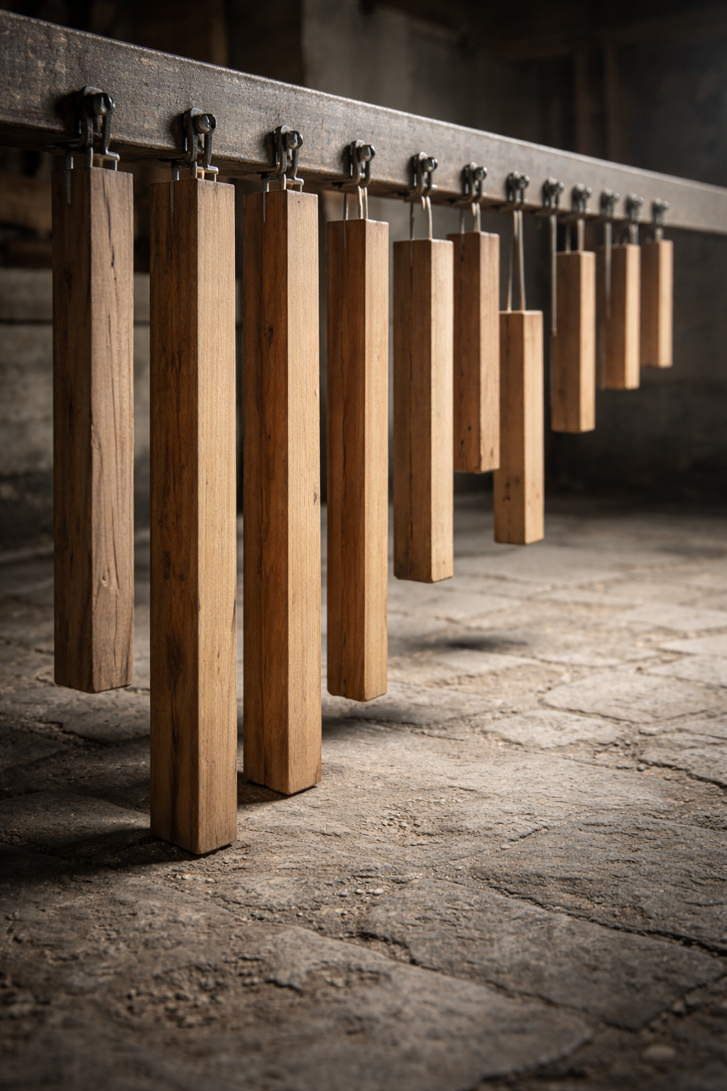 Série de poutres en bois suspendues à un même support horizontal, certaines plus longues touchant presque le sol, d’autres restant plus hautes.