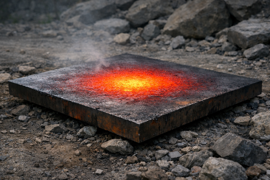 Plaque métallique épaisse encore incandescente au centre, posée sur un sol rocheux, sans source de chaleur visible.