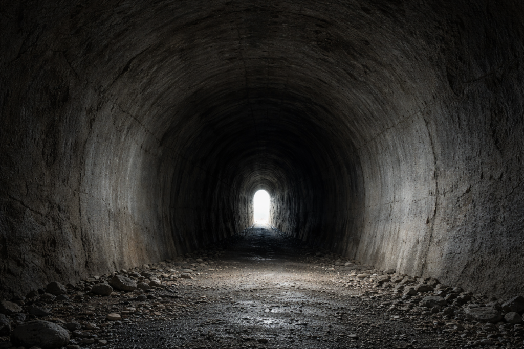 Tunnel en béton sombre dont l’entrée est large mais qui se rétrécit fortement vers un passage étroit au centre.