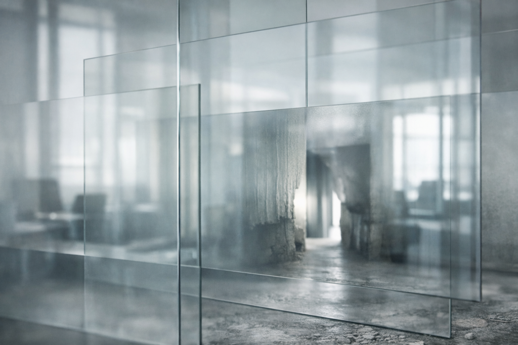 Plusieurs plaques de verre translucides superposées créant des reflets et des distorsions croisées dans un espace neutre.