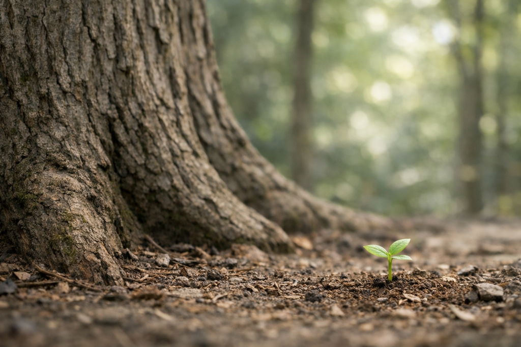 Jeune pousse verte sortant du sol à côté d’un arbre adulte massif dans une forêt lumineuse.