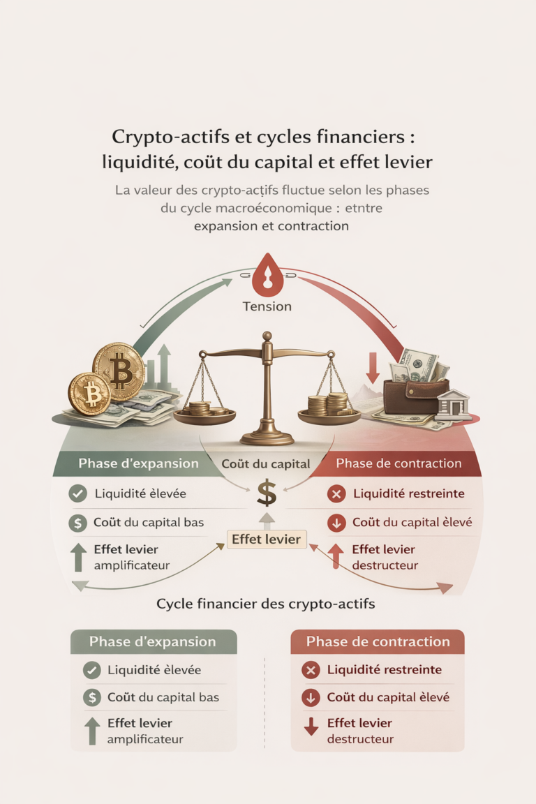 Infographie montrant comment la valeur des crypto-actifs varie selon les phases d’expansion et de contraction du cycle financier, en fonction de la liquidité, du coût du capital et de l’effet de levier.