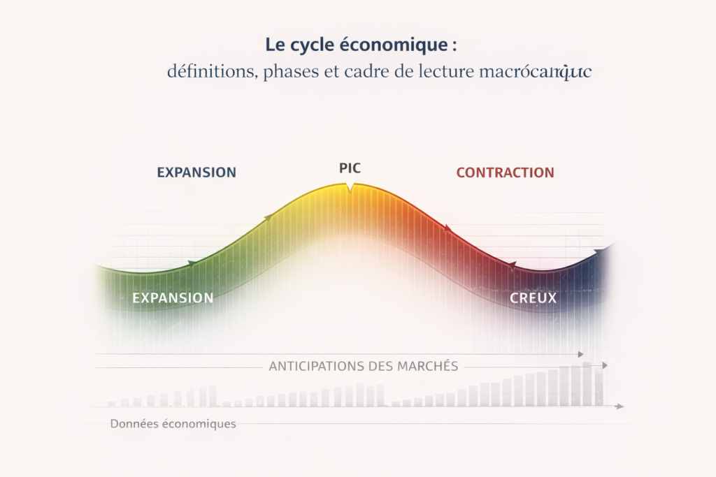 Economic cycle diagram illustrating the phases of expansion, peak, contraction and trough, as well as market anticipation relative to macroeconomic data.
