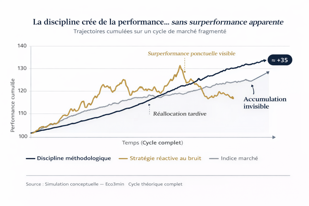 Comparaison entre une trajectoire d'investissement disciplinée (accumulation régulière sur cycle complet) et une approche réactive (surperformances ponctuelles mais érosion cumulative par les erreurs de timing et la suractivité).
