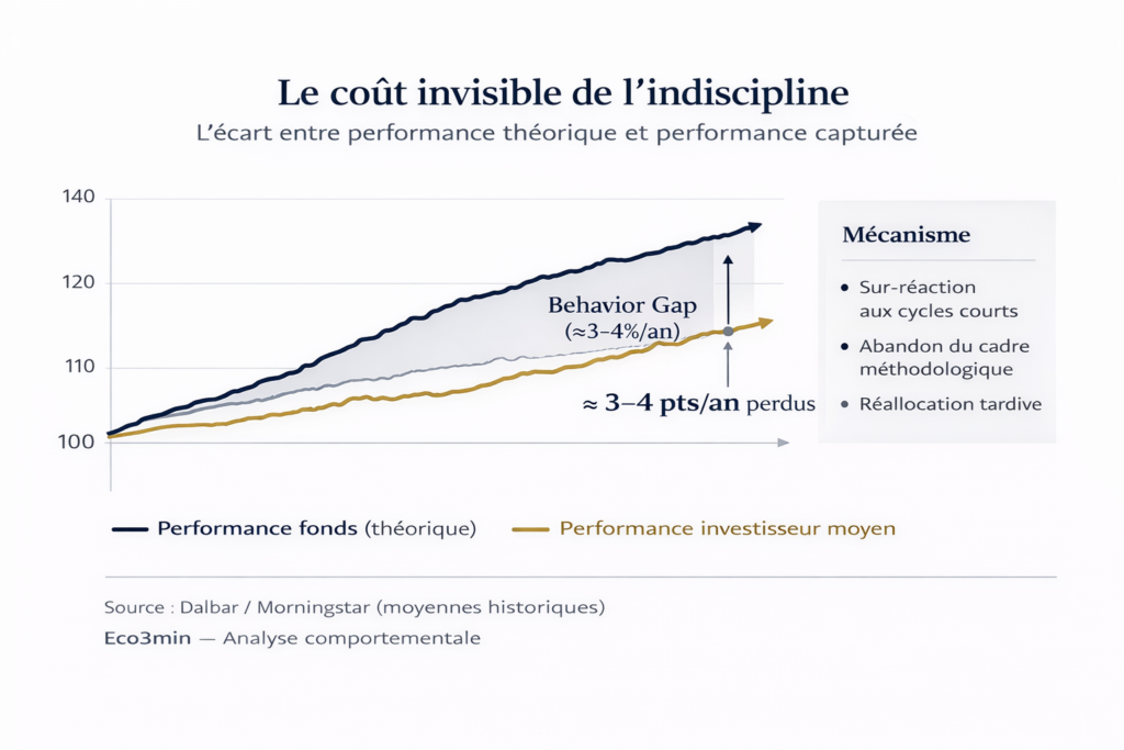 Behavior gap : l'écart entre le rendement des fonds (10 % annualisé pour le S&P 500) et le rendement capturé par l'investisseur moyen (6,5 %) résulte des décisions de timing, de la suractivité et des réactions émotionnelles. Sur 20 ans, cet écart représente plus de 50 % de richesse perdue.