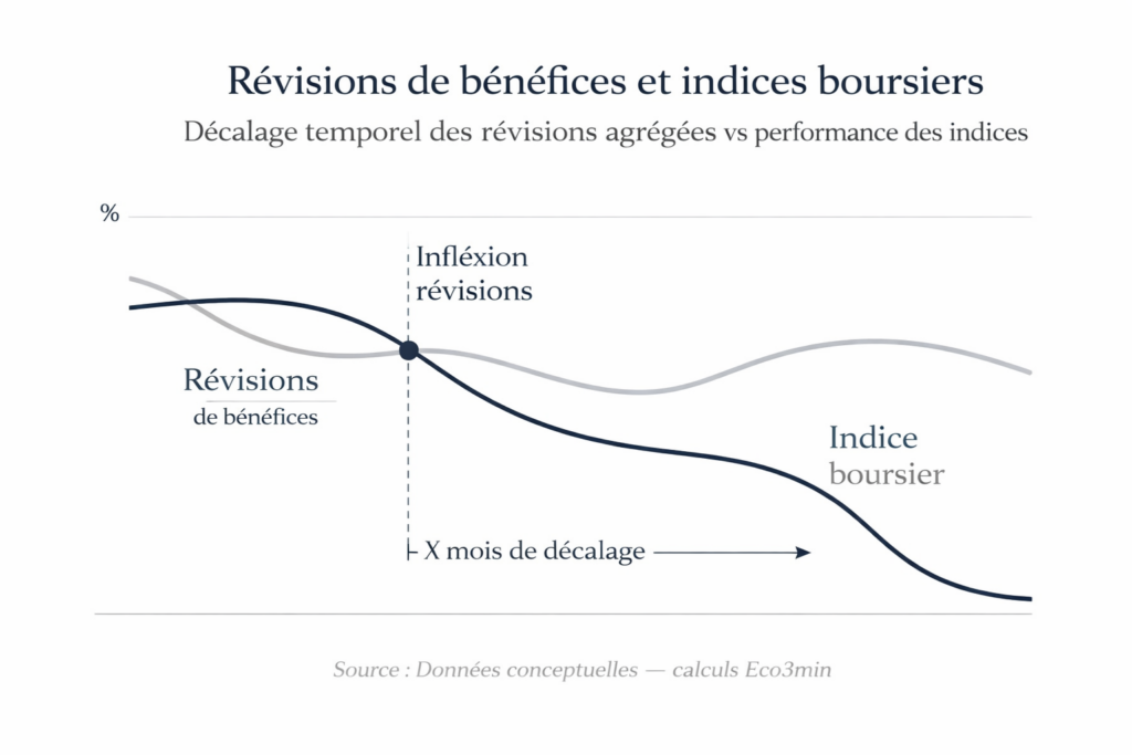 Schéma de transmission des révisions de bénéfices aux indices boursiers : l'inflexion des fondamentaux d'entreprise se transmet aux estimations d'analystes, puis aux anticipations agrégées, avant de se matérialiser dans les mouvements d'indices avec un décalage de 2 à 6 mois.