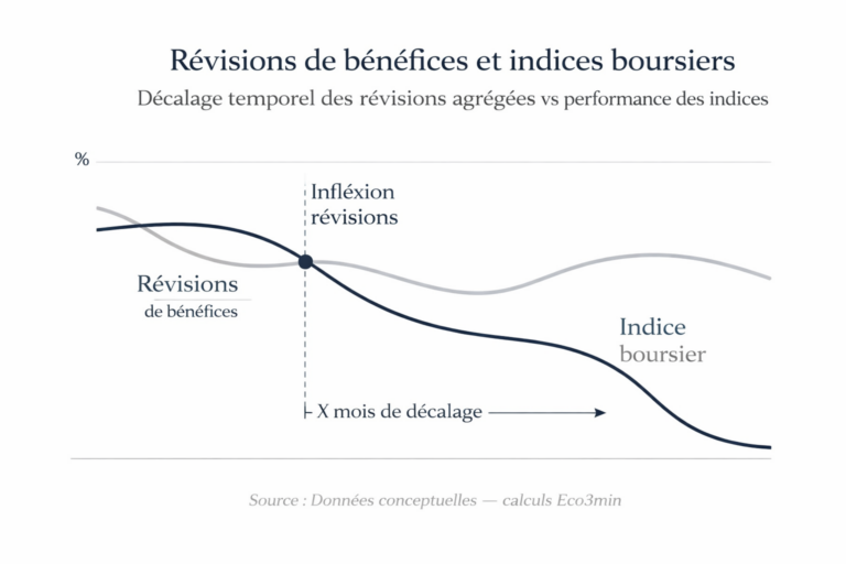 Schéma conceptuel illustrant le décalage temporel entre l’inflexion des révisions agrégées de bénéfices et le retournement des indices boursiers.