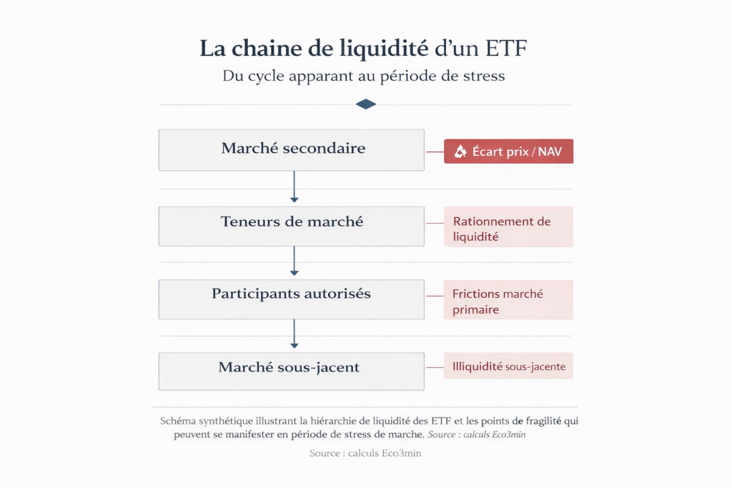 Three-tier ETF liquidity architecture: secondary market (order book) → market makers (hedging via underlying) → authorized participants (share creation/redemption). Under stress, all three levels deteriorate simultaneously: order book depth ↓, spreads ↑, AP arbitrage slows, price/NAV dislocation.