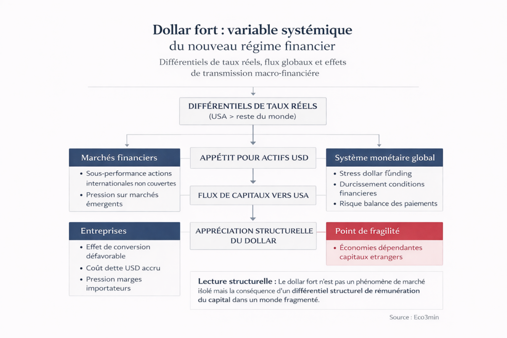 Schéma de transmission du dollar fort : différentiel de taux réels → flux de capitaux vers les actifs dollar → appréciation du DXY → canal du financement (dollar funding stress sur les emprunteurs non-US) + canal de compétitivité (compression des prix relatifs matières premières, érosion des performances non-dollar) + canal des spreads (écartement dette émergente).