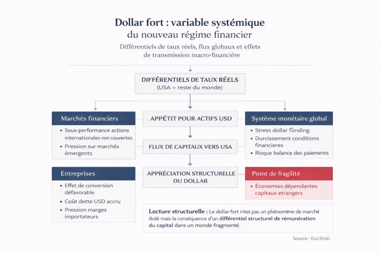 Infographie analytique montrant comment un différentiel de taux réels favorable aux États-Unis alimente les flux de capitaux vers les actifs en dollars et entraîne une appréciation structurelle du billet vert, avec effets sur marchés financiers, entreprises et système monétaire global.