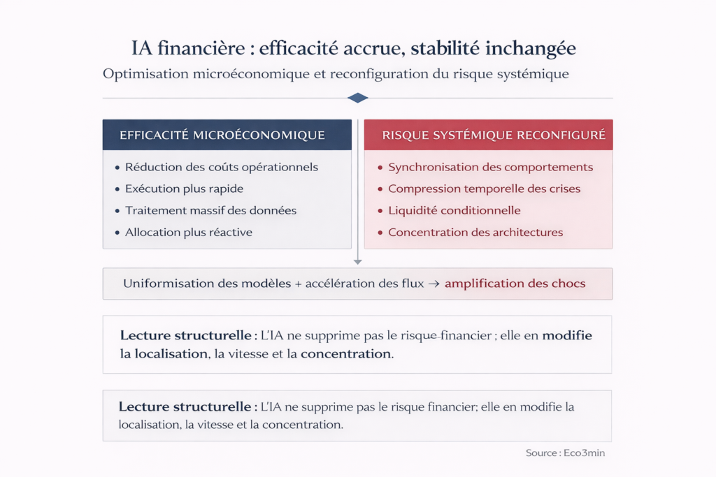 Paradoxe micro/macro de l'IA financière : les gains d'efficacité individuels (réduction des coûts, optimisation de l'exécution) coexistent avec une reconfiguration du risque systémique (synchronisation des modèles, compression temporelle, liquidité conditionnelle, amplification non linéaire des chocs).