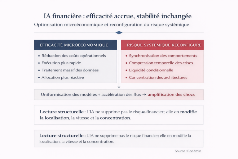Infographie analytique comparant les gains d’efficacité microéconomique liés à l’IA financière et la reconfiguration du risque systémique, illustrant la synchronisation des comportements, la compression temporelle des crises et la concentration des architectures de marché.