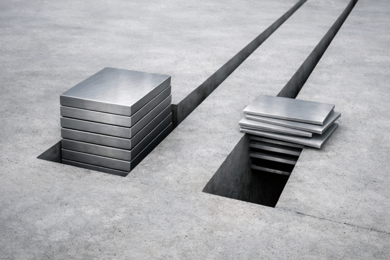 Deux canaux parallèles de restitution du capital matérialisés par des plaques métalliques, l’un stable, l’autre irrégulier, symbolisant dividendes et rachats d’actions.