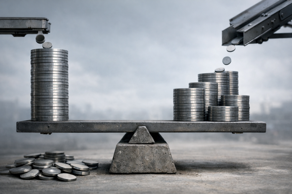 Empilements métalliques en déséquilibre illustrant l’écart entre rachats d’actions annoncés et dilution nette par émissions parallèles