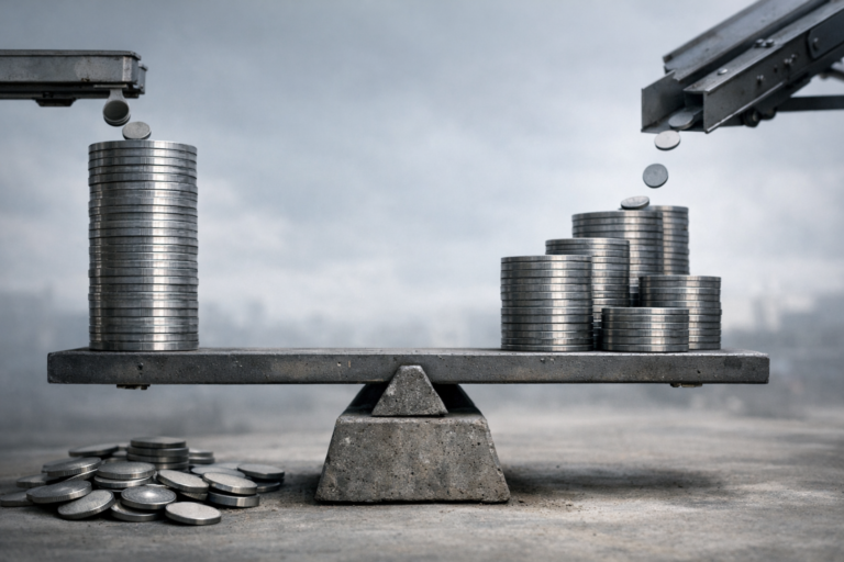 Empilements métalliques en déséquilibre illustrant l’écart entre rachats d’actions annoncés et dilution nette par émissions parallèles