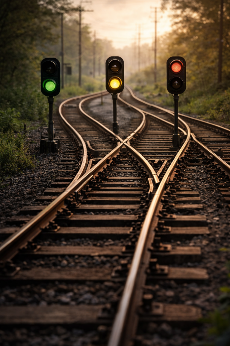 Embranchement ferroviaire où plusieurs voies se séparent, chacune soumise à un régime de circulation distinct.