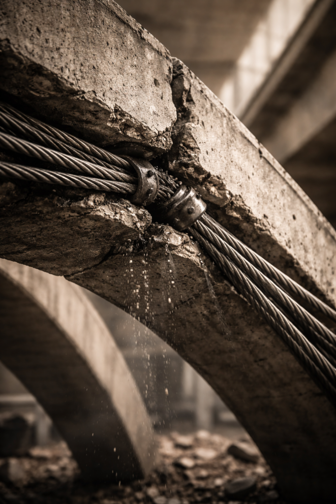 Illustration de l'output gap : une structure fissurée maintenue par des câbles tendus symbolisant les tensions entre croissance observée et croissance potentielle