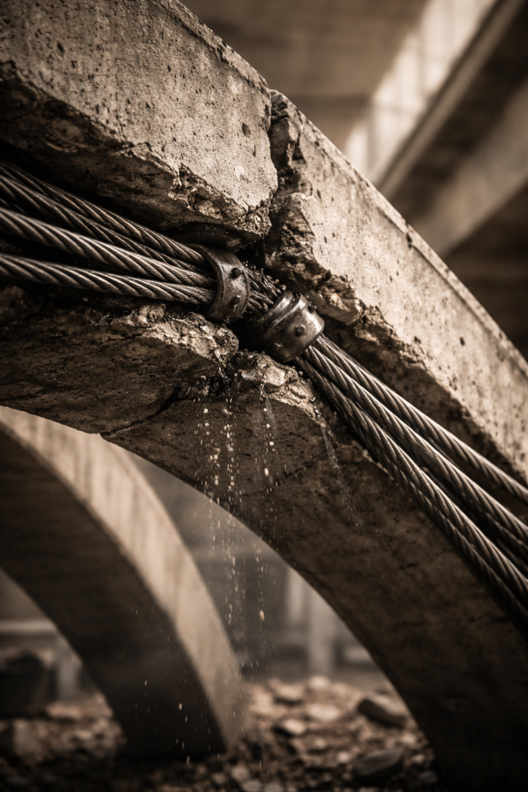Structure en béton fissurée, maintenue par des câbles fortement tendus, révélant une contrainte interne invisible à première vue.