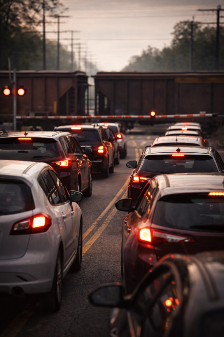 File de véhicules arrêtés à un passage à niveau, l’activité suspendue sans disparition des éléments en présence.