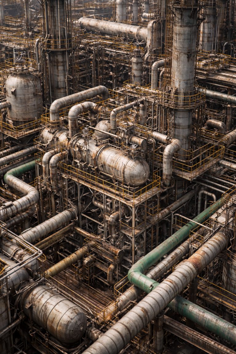 Enchevêtrement dense d’infrastructures industrielles anciennes formant une configuration unique et non reproductible.