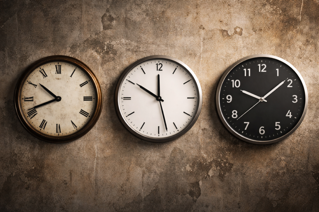 Three devices indicating different rhythms, installed side by side on the same wall.