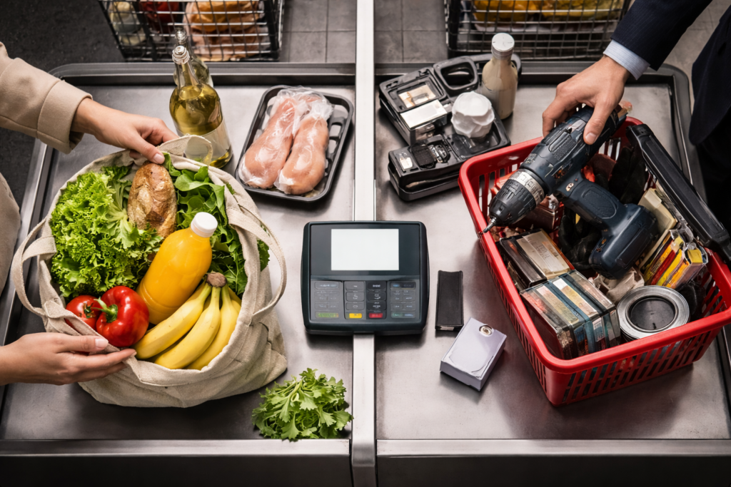 Deux achats de nature différente effectués en parallèle dans un même espace, révélant des choix non coordonnés.