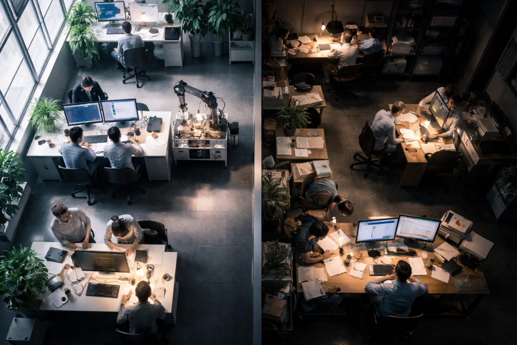 Deux espaces de travail adjacents présentant des niveaux d’équipement et d’organisation très différents, illustrant les écarts de productivité entre secteurs.