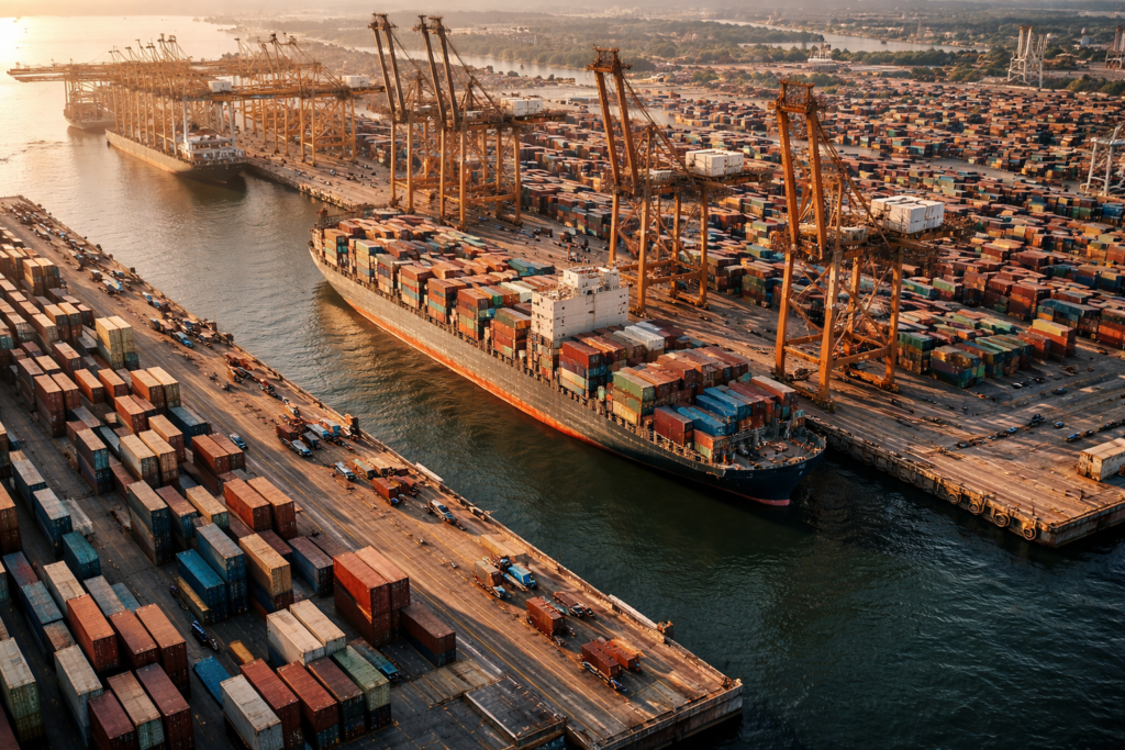 Ensemble portuaire de grande ampleur avec quais, grues et empilements de conteneurs formant une structure durable.