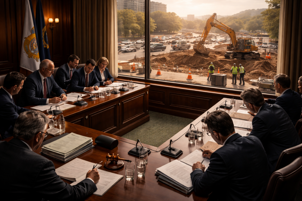 Salle institutionnelle officielle prête à l’usage, encore vide de toute activité opérationnelle.