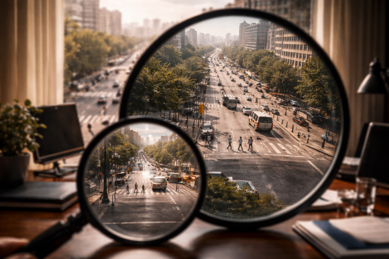 Deux cadres d’observation superposés montrant la même scène avec des niveaux de détail contradictoires.