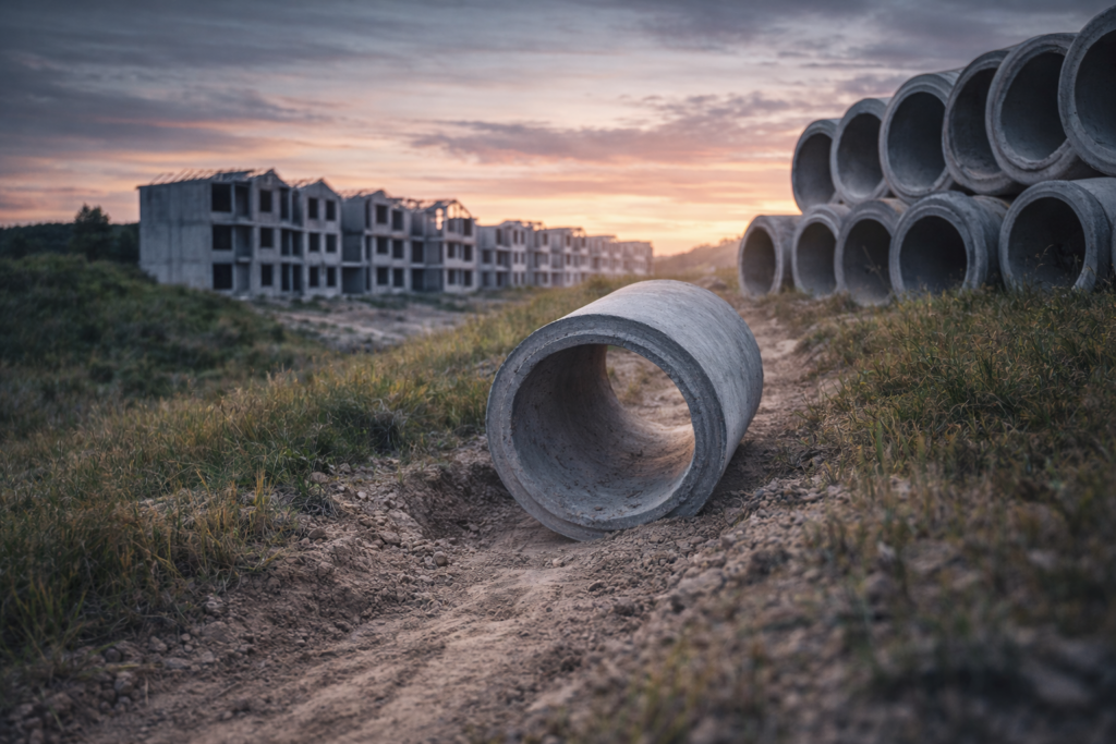 Éléments matériels lourds déjà déplacés sur un site ouvert, indiquant un projet engagé et irréversible.