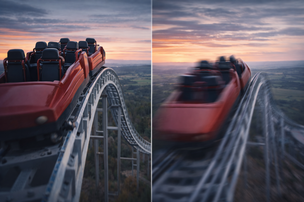 Véhicule arrêté au sommet d’une trajectoire avant une phase de ralentissement visible.
