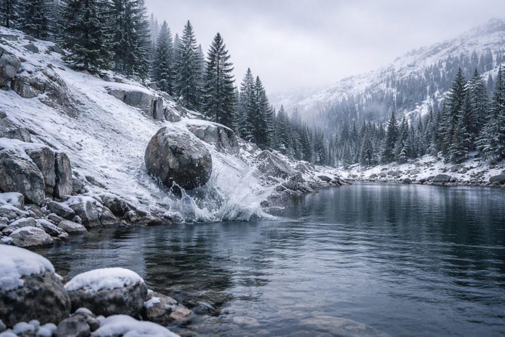 Événement isolé venant troubler brièvement un paysage naturel calme et stable.